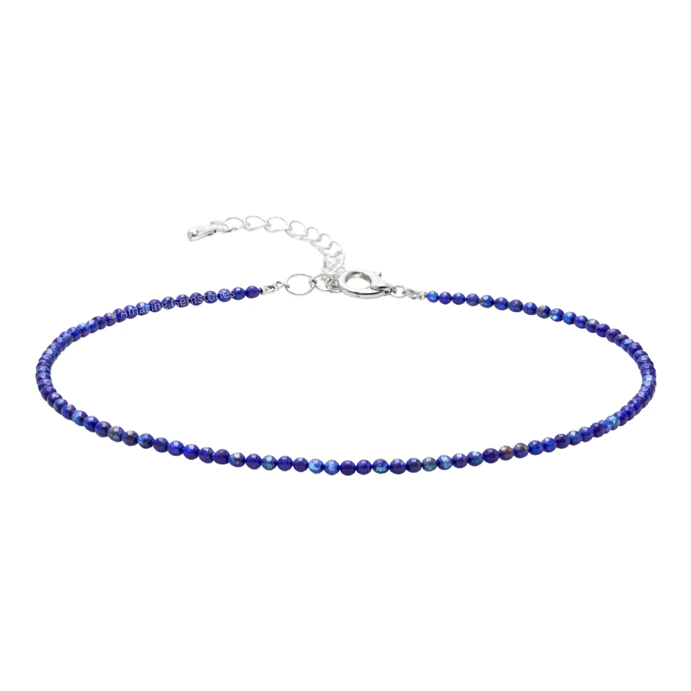 Lapis Lazuli Crystal Anklet - 2mm Faceted Bead (Silver)