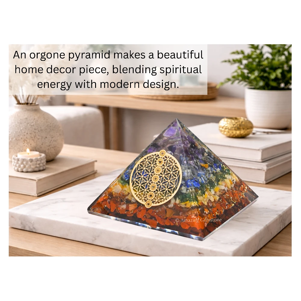 Natural Chakra Orgone Pyramid - Chakra Flower of Life