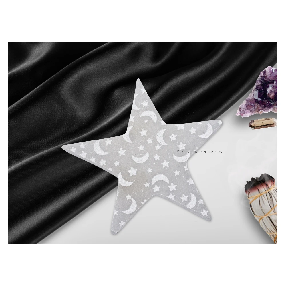 Selenite Star Charging Plate with Crescent Moon & Star (4 Inch)