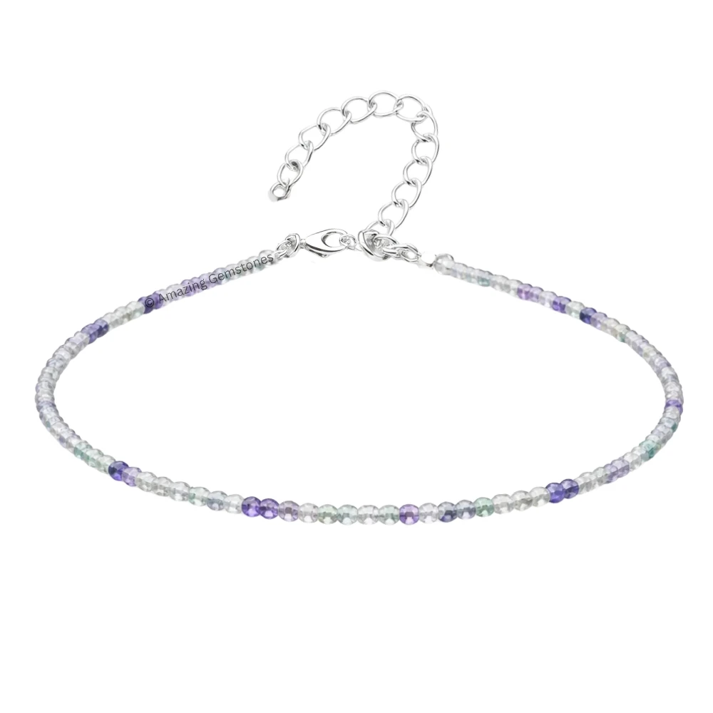 Green Fluorite Crystal Anklet - 2mm Faceted Bead (Silver)
