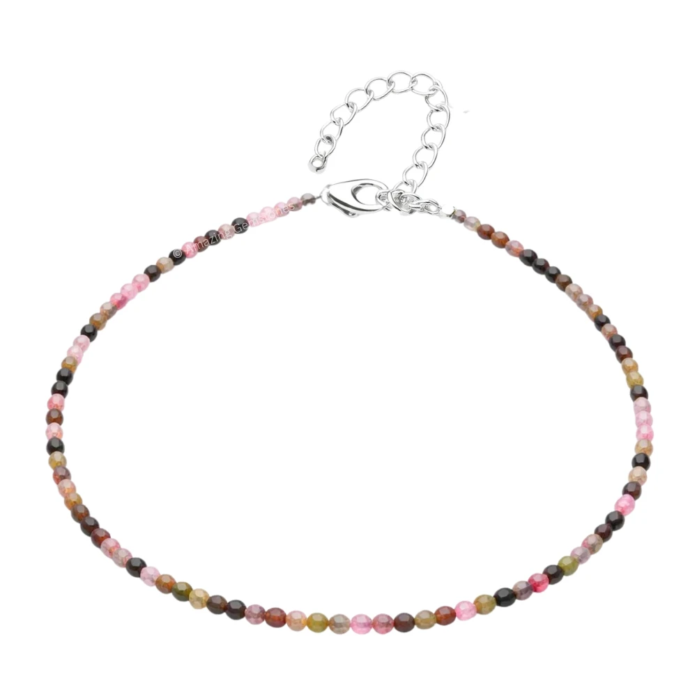 Multi Tourmaline Crystal Anklet - 2mm Faceted Bead (Silver)