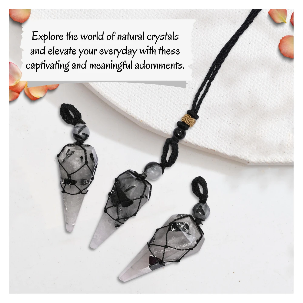 Black Rutilated Quartz Pendulum Pendant Necklace (Macrame)