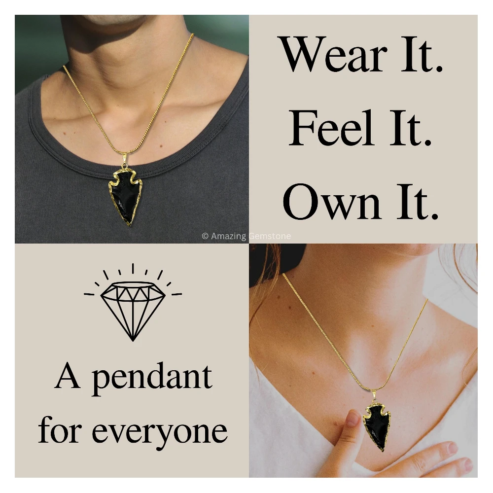 Black Obsidian Arrowhead Pendant - Gold Plated