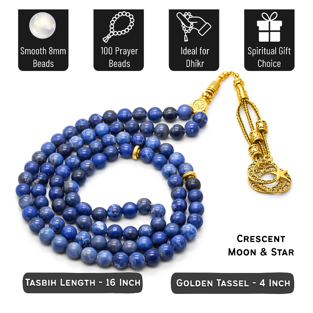 Sodalite Crystal Tasbeeh Sibha Prayer Beads (Gold)