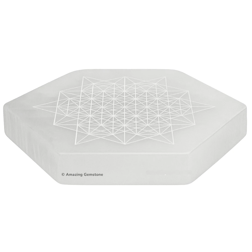 Selenite Charging Plate - Hexagon Star Flower of Life (4 Inch)