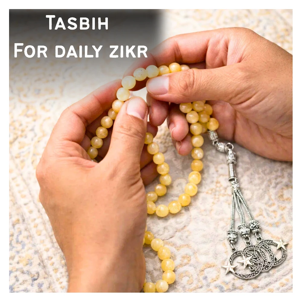 Yellow Calcite Crystal Tasbeeh Sibha Prayer Beads (Silver)