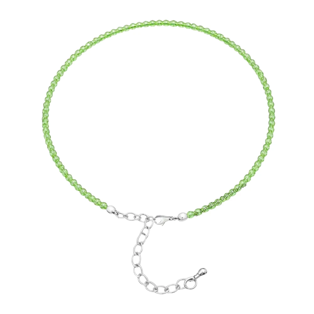 Green Chalcedony Crystal Anklet - 2mm Faceted Bead (Silver)