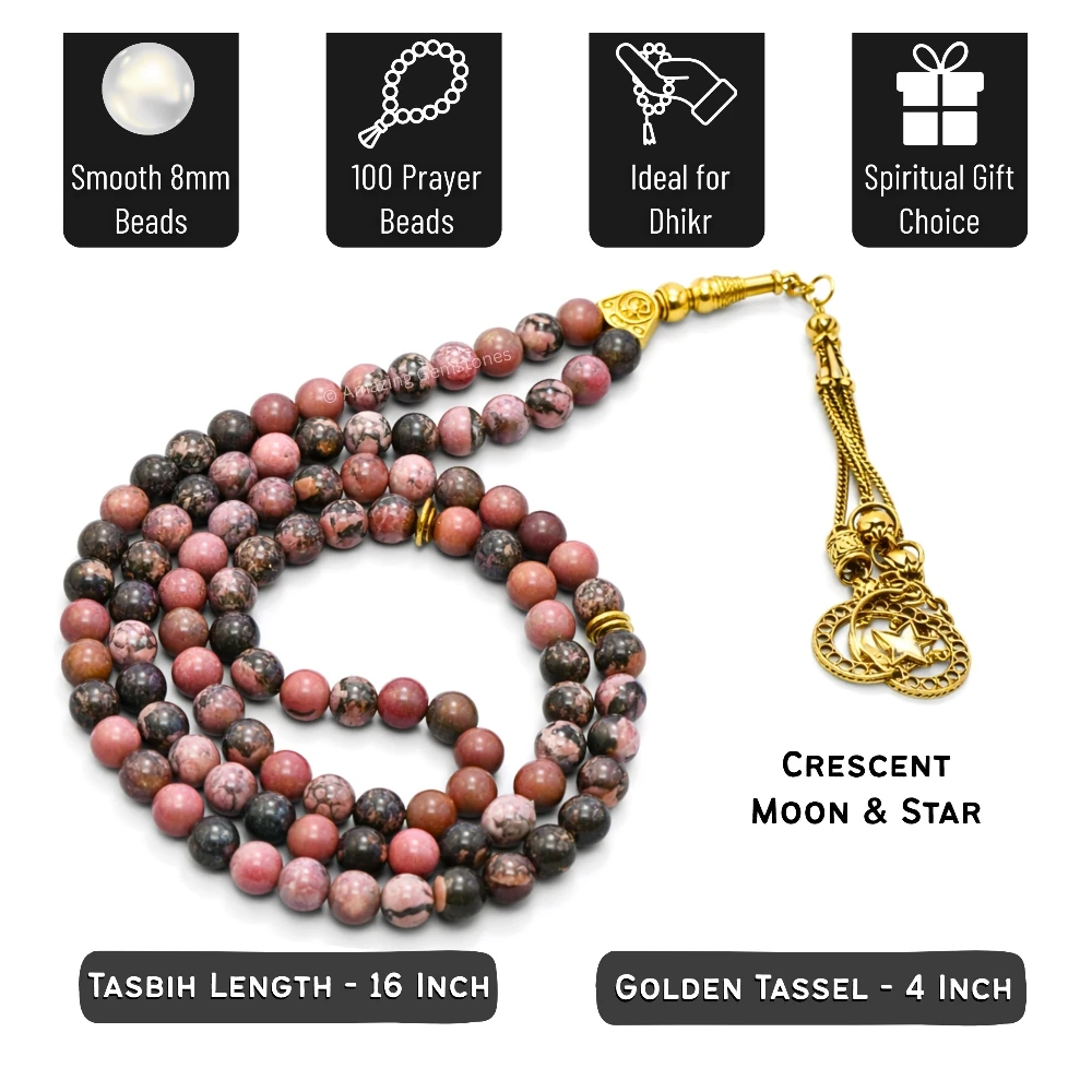 Rhodonite Crystal Tasbeeh Sibha Prayer Beads (Gold)