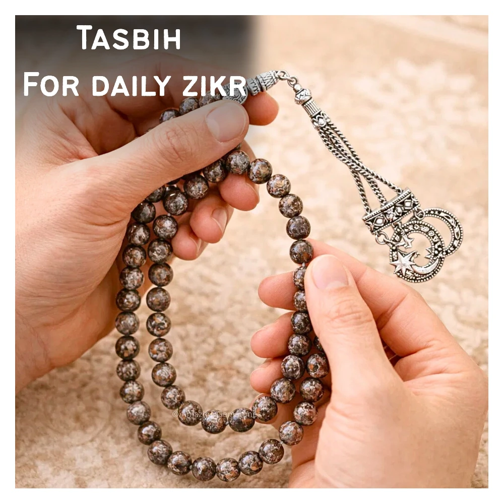 Brown Snowflake Obsidian Crystal Tasbeeh Sibha Prayer Beads (Silver)