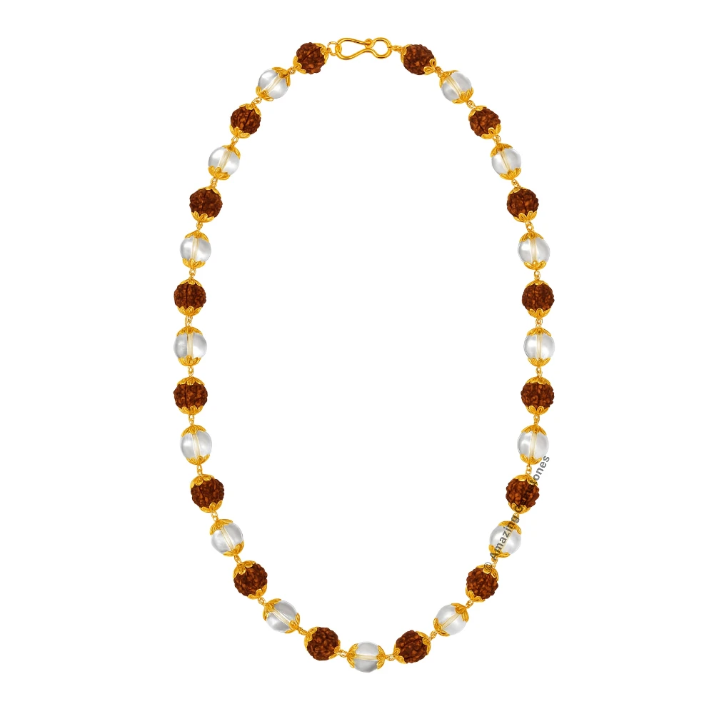 Rudraksha and Sphatik Mala Necklace (Gold Chain)
