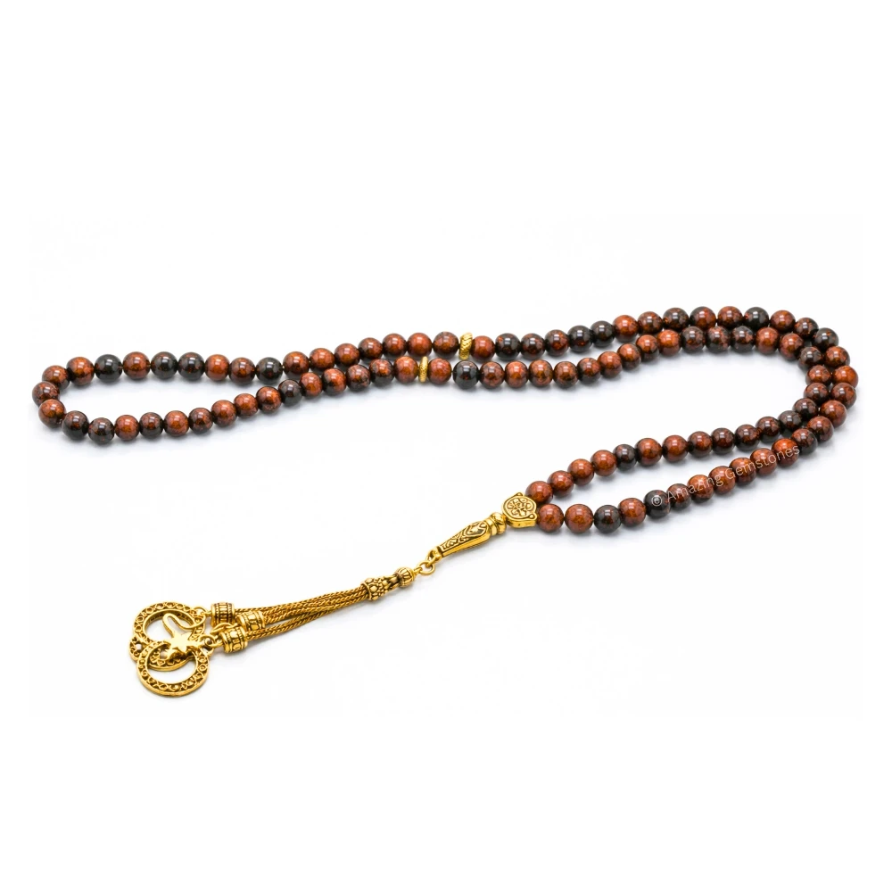 Mahogany Obsidian Crystal Tasbeeh Sibha Prayer Beads (Gold)