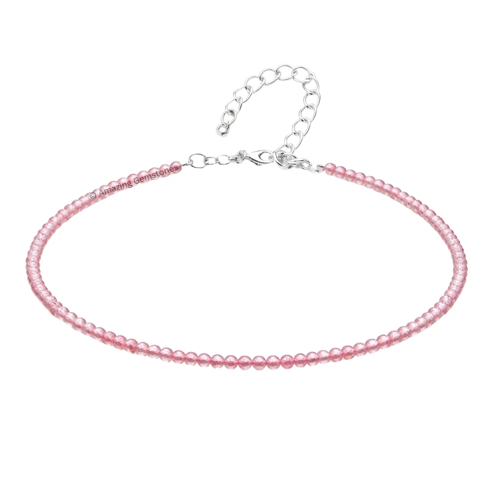 Pink Strawberry Crystal Anklet - 2mm Faceted Bead (Silver)