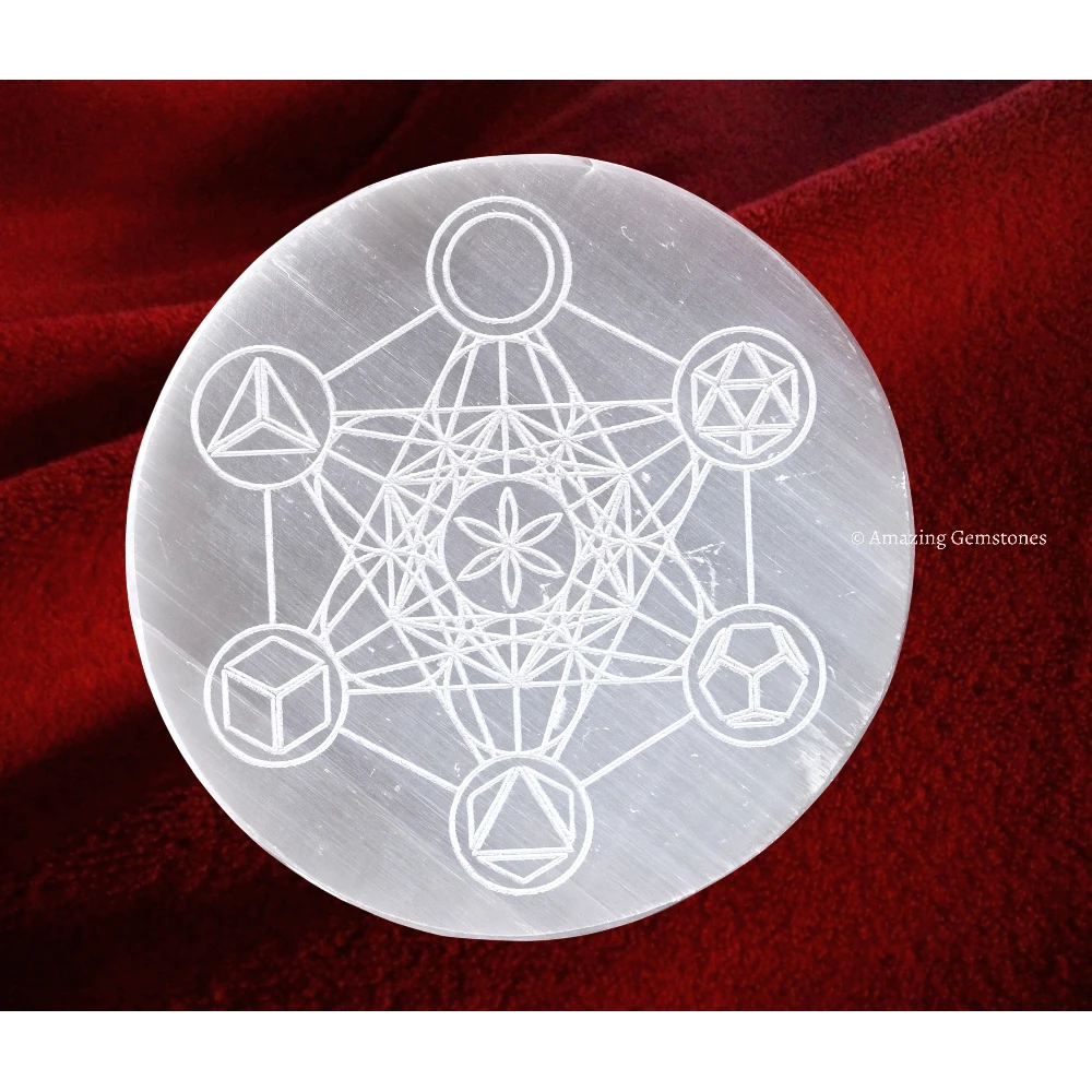 Selenite Charging Plate for Crystals - Metatron Cube with Platonic Solid (3 Inch)