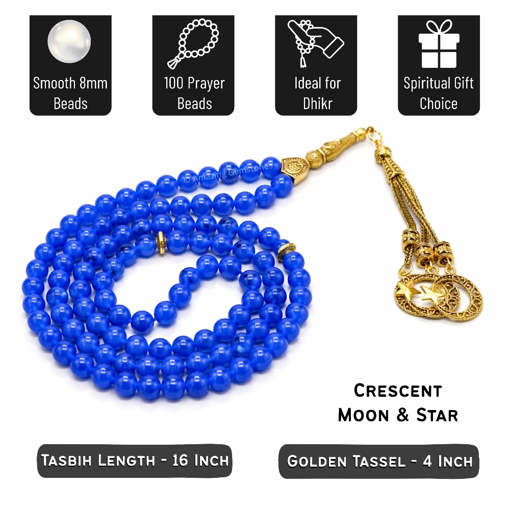 Blue Jade Crystal Tasbeeh Sibha Prayer Beads (Gold)