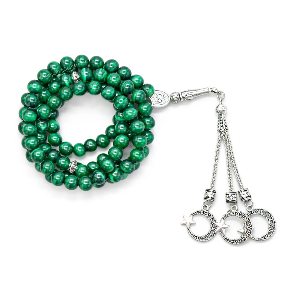 Malachite Crystal Tasbeeh Sibha Prayer Beads (Silver)