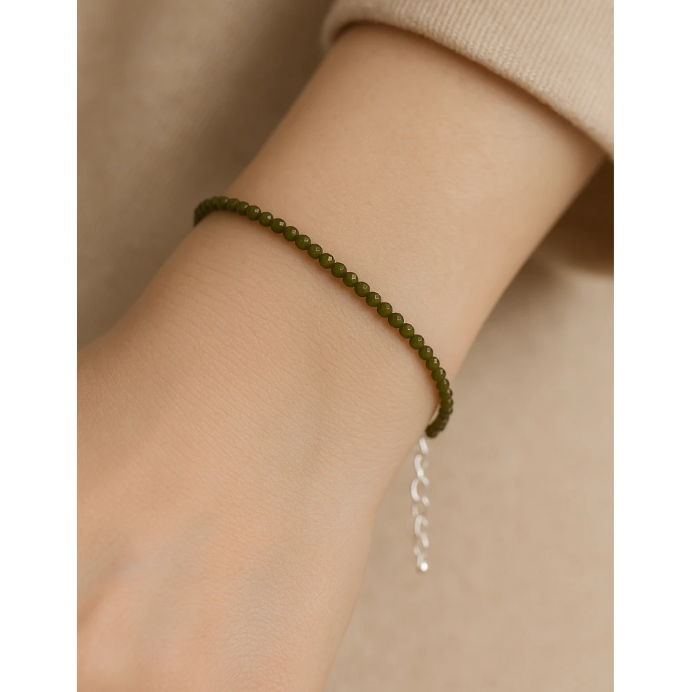 Green Cats Eye Crystal Bracelet - 2mm Faceted Bead (Silver)