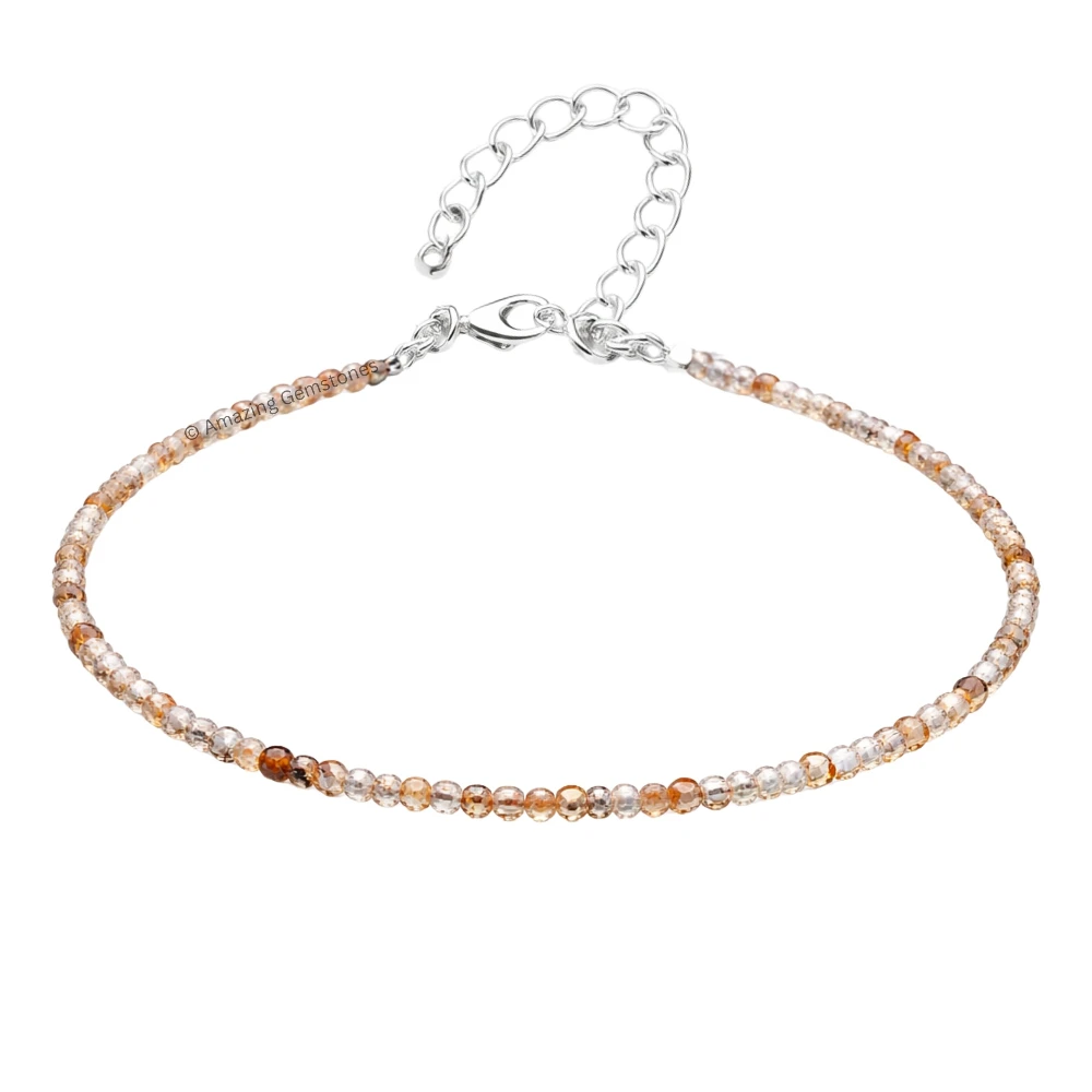 Orange Rutilated Quartz Crystal Anklet - 2mm Faceted Bead (Silver)