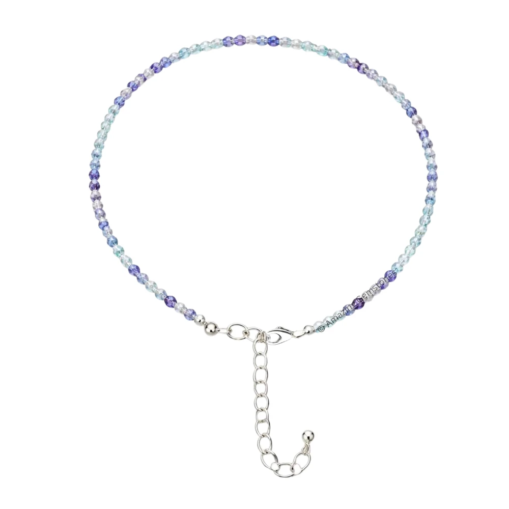 Blue Fluorite Crystal Anklet - 2mm Faceted Bead (Silver)