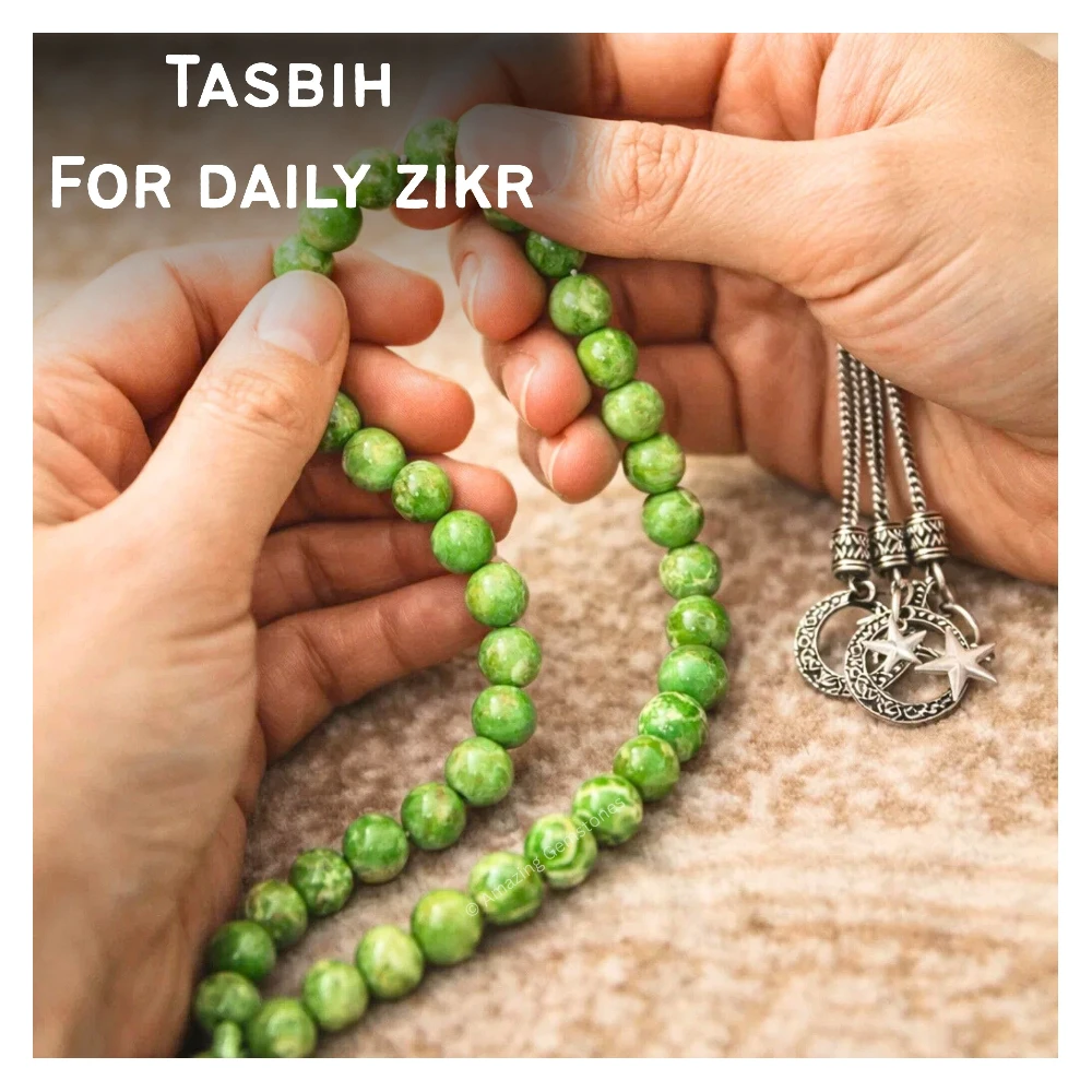 Green Turquoise Crystal Tasbeeh Sibha Prayer Beads (Silver)