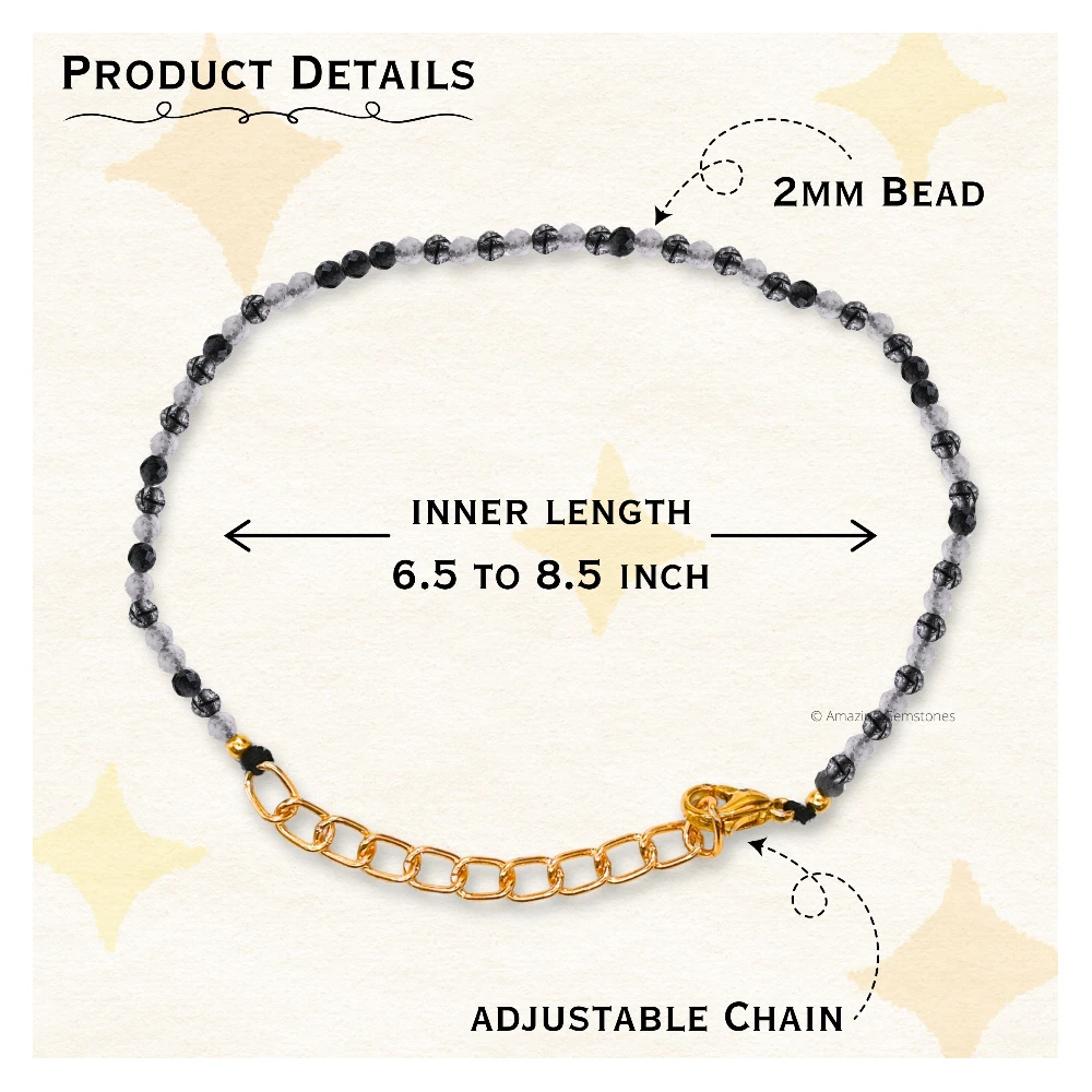 Black Rutilated Quartz Crystal Bracelet - 2mm Faceted Bead (Gold)