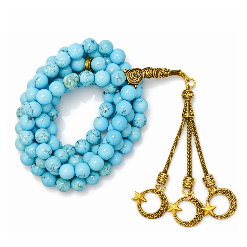 Magnesite Turquoise Crystal Tasbeeh Sibha Prayer Beads (Gold)