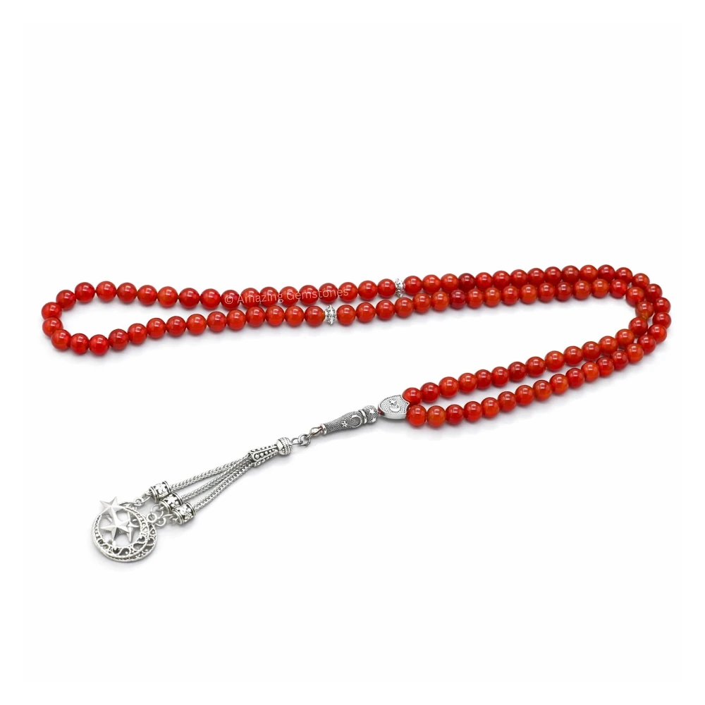 Red Onyx Crystal Tasbeeh Sibha Prayer Beads (Silver)