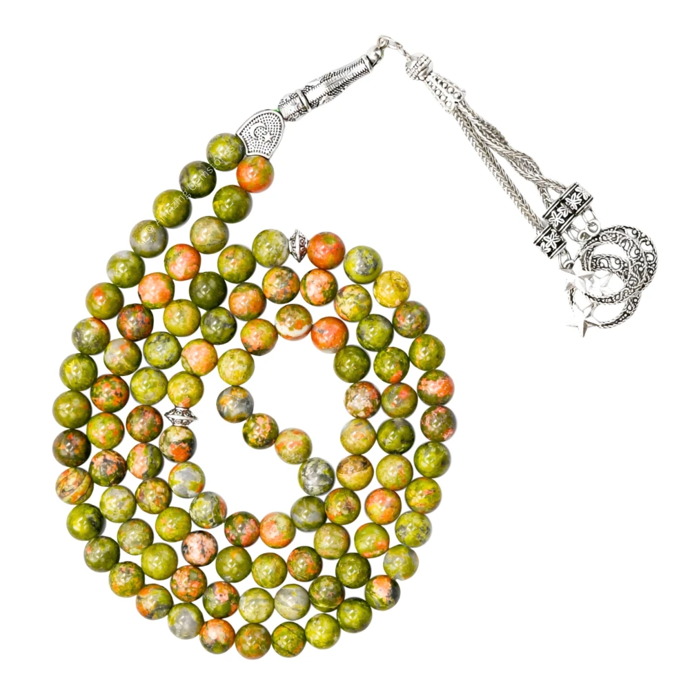 Unakite Crystal Tasbeeh Sibha Prayer Beads (Silver)