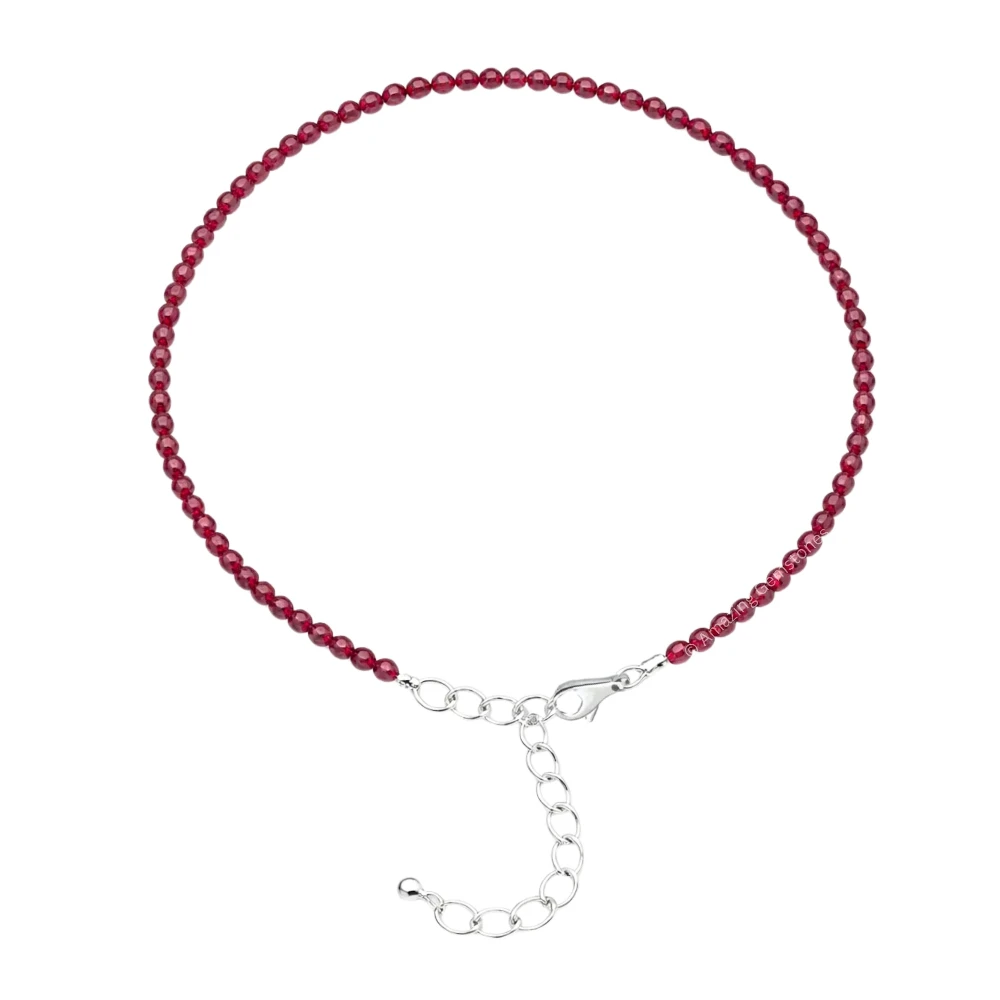 Red Garnet Crystal Anklet - 2mm Faceted Bead (Silver)