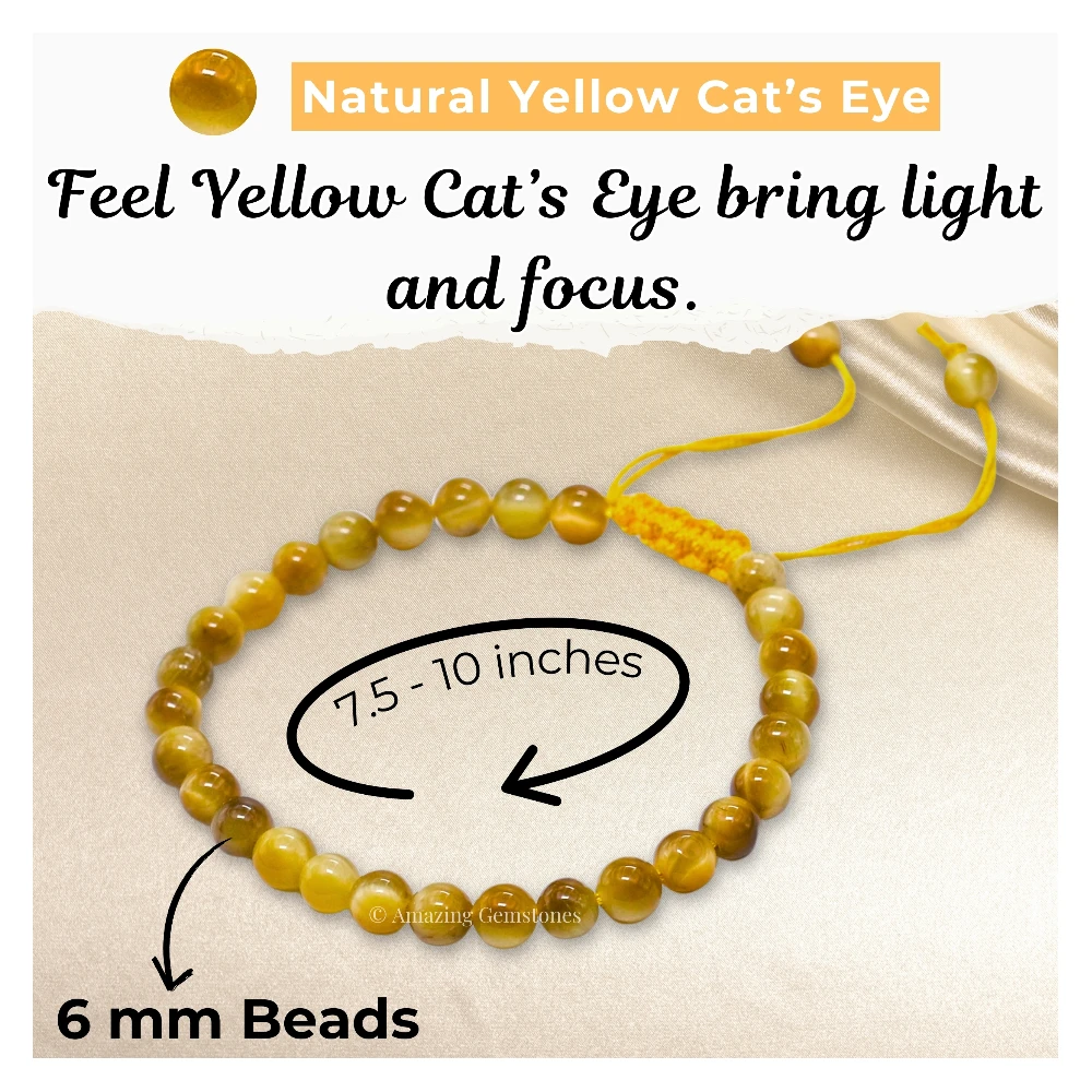 Yellow Cat's Eye Healing Crystal Bracelets - 6mm Beads (Adjustable)
