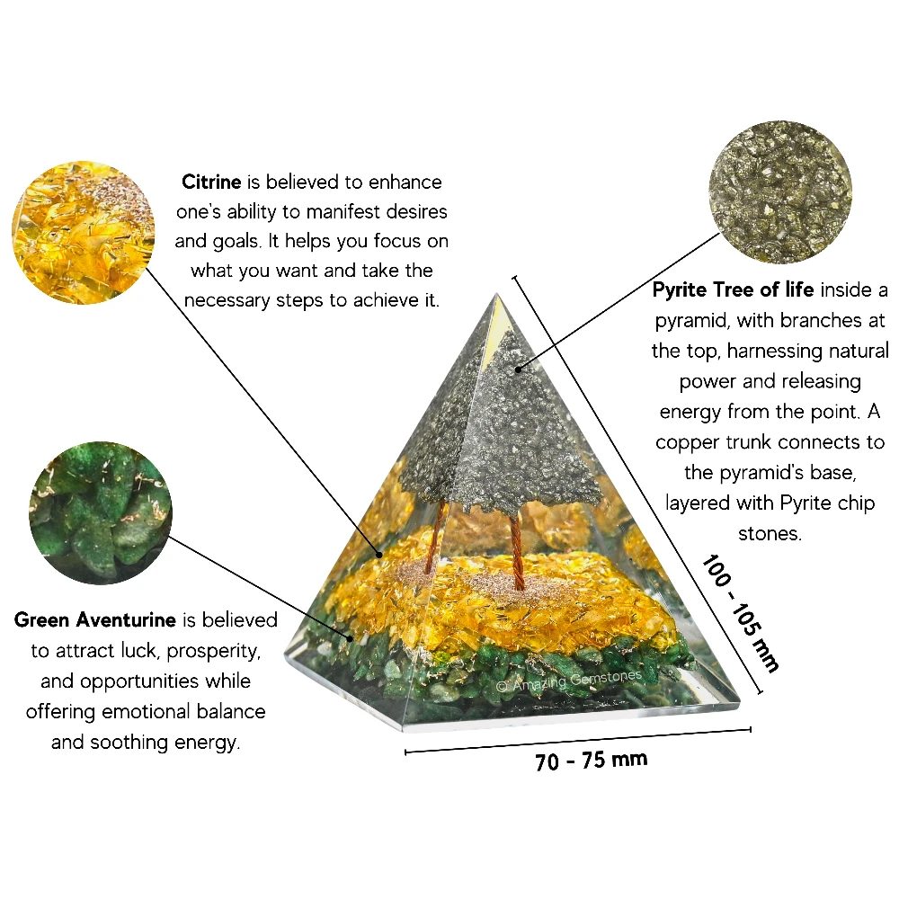 Green Aventurine, Citrine Orgone Pyramid with Pyrite Tree - 70 mm