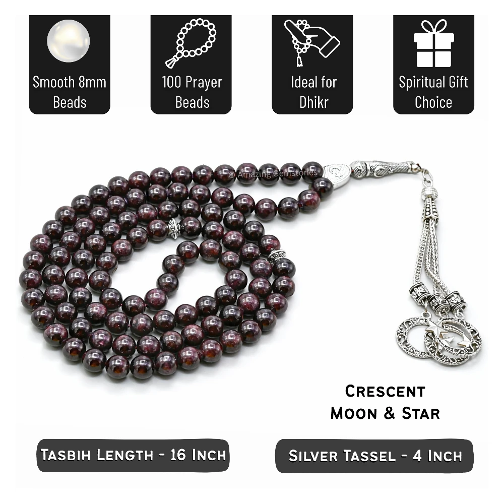 Garnet Crystal Tasbeeh Sibha Prayer Beads (Silver)