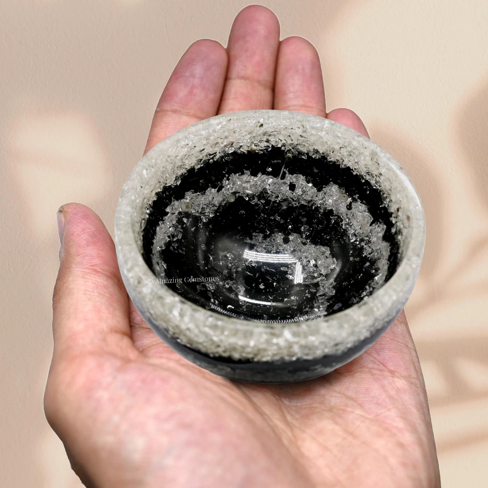 Black Tourmaline & Clear Quartz Layer Crystal Orgone Bowl (3 Inch)