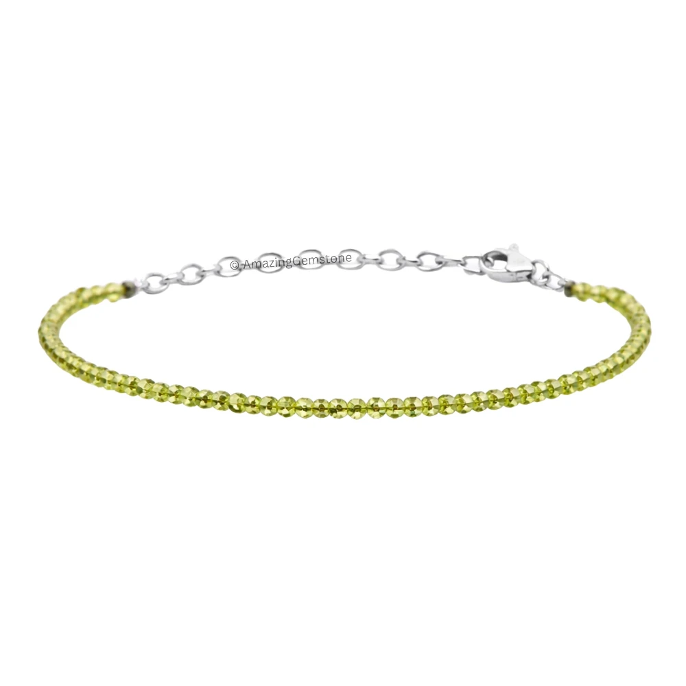 Peridot Crystal Bracelet - 2mm Faceted Bead (Silver)