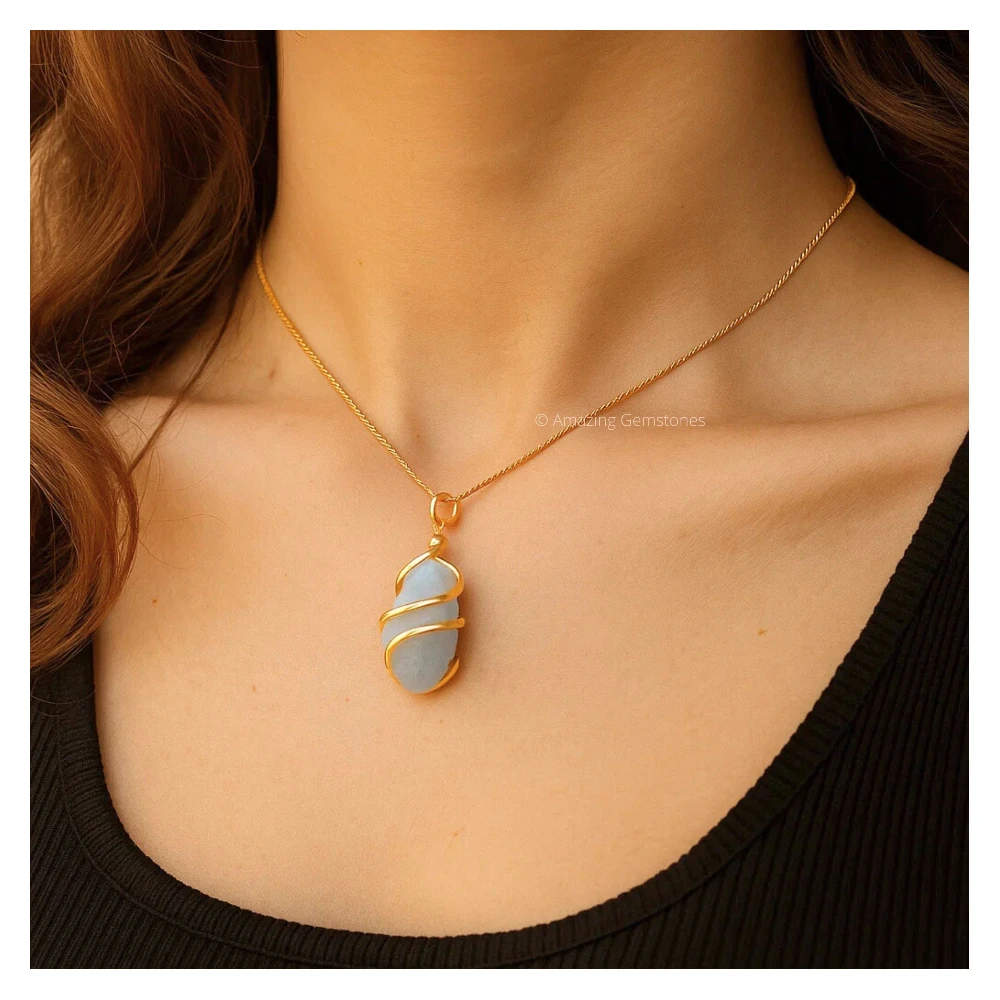 Blue Calcite Necklace - Raw Crystal (Gold)