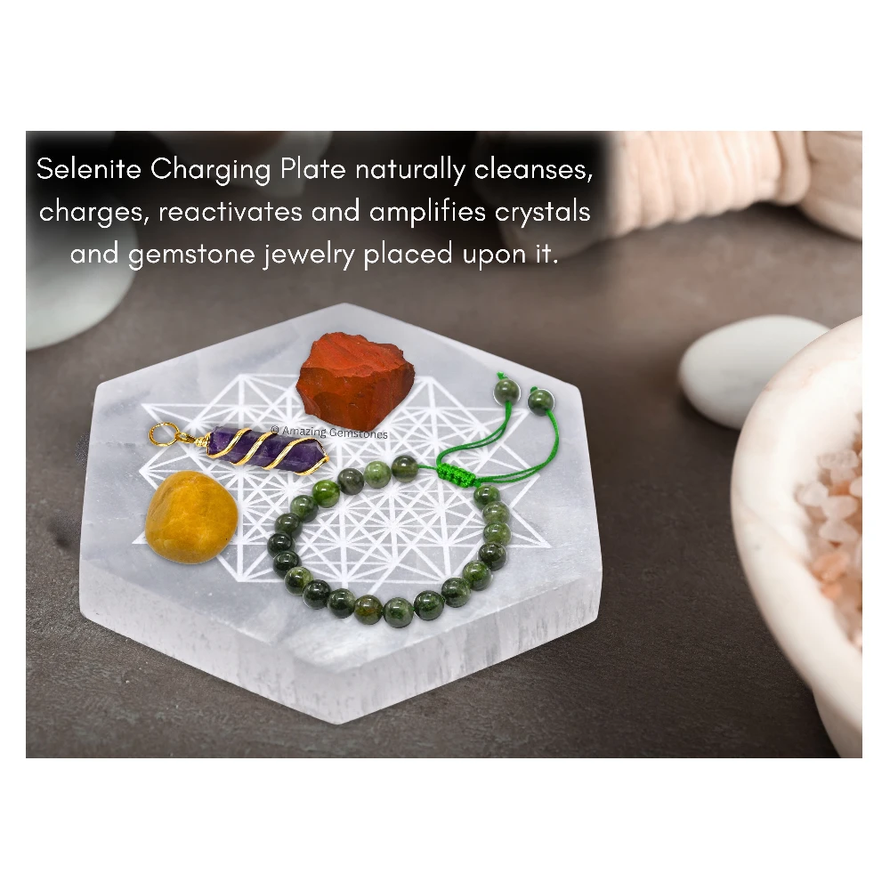Selenite Charging Plate - Hexagon Star Flower of Life (4 Inch)