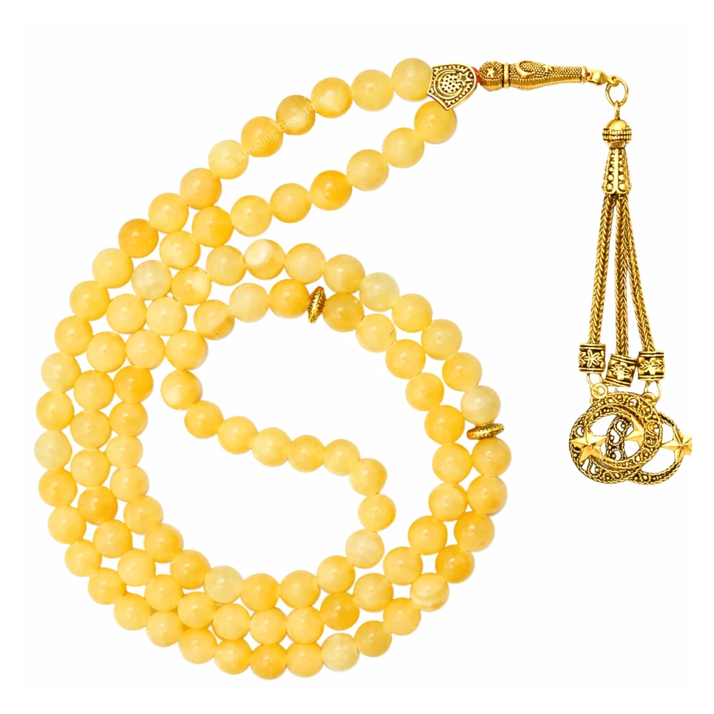 Yellow Calcite Crystal Tasbeeh Sibha Prayer Beads (Gold)