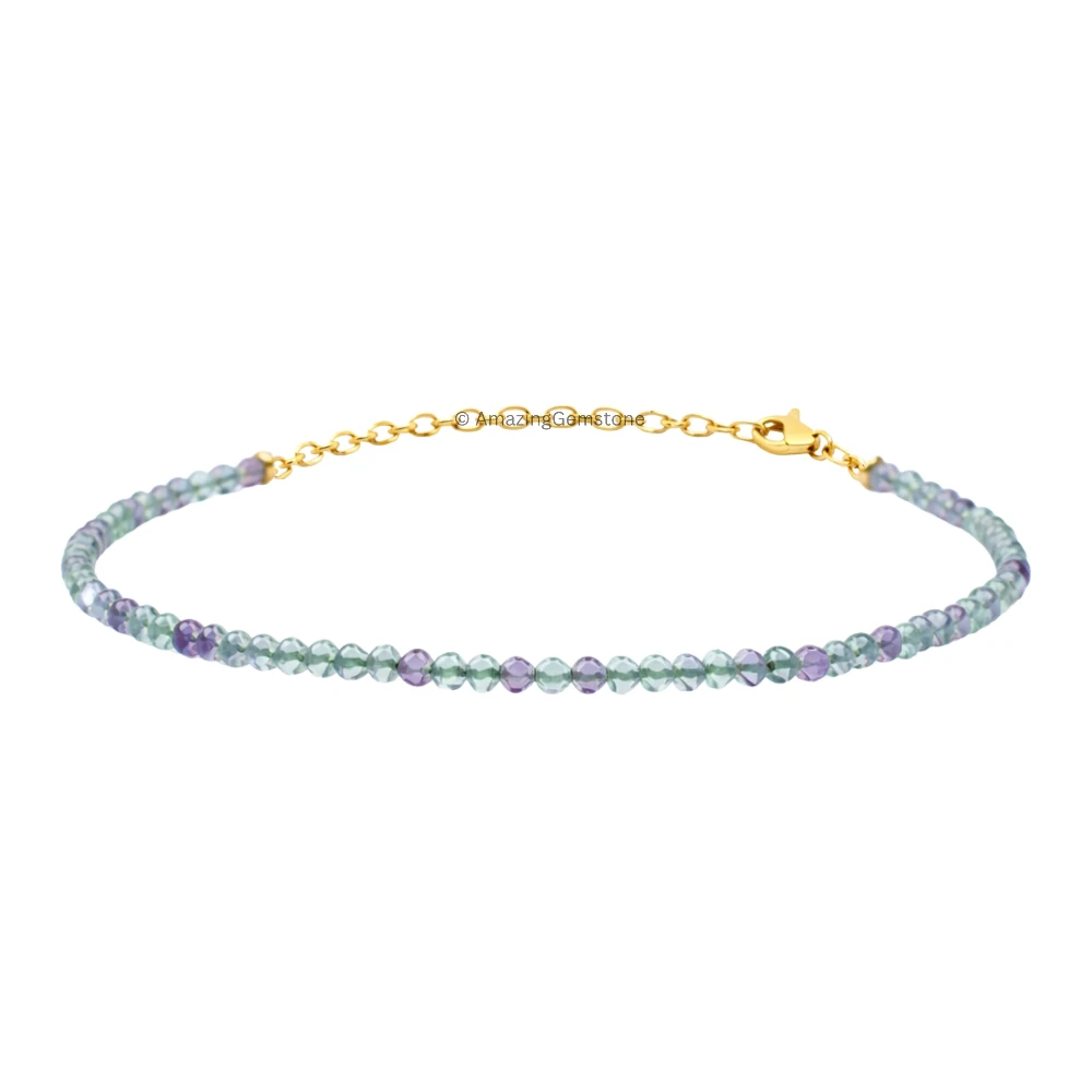 Green Fluorite Crystal Bracelet - 2mm Faceted Bead (Gold)