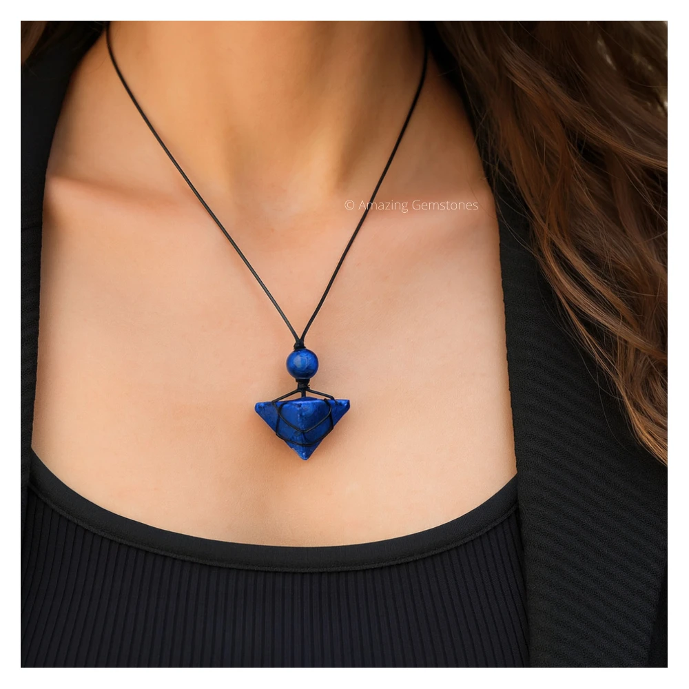 Lapis Lazuli Pyramid Pendant Necklace (Macrame)