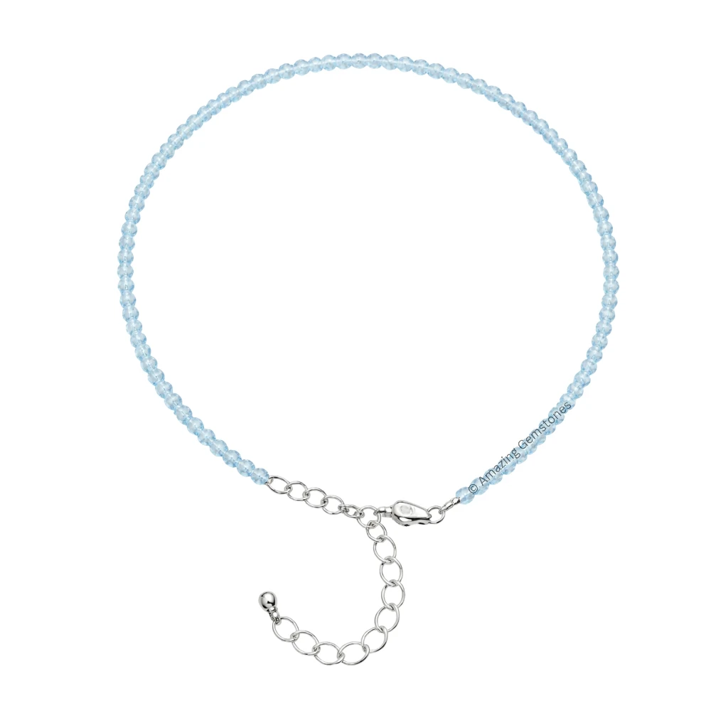 Aquamarine Crystal Anklet - 2mm Faceted Bead (Silver)