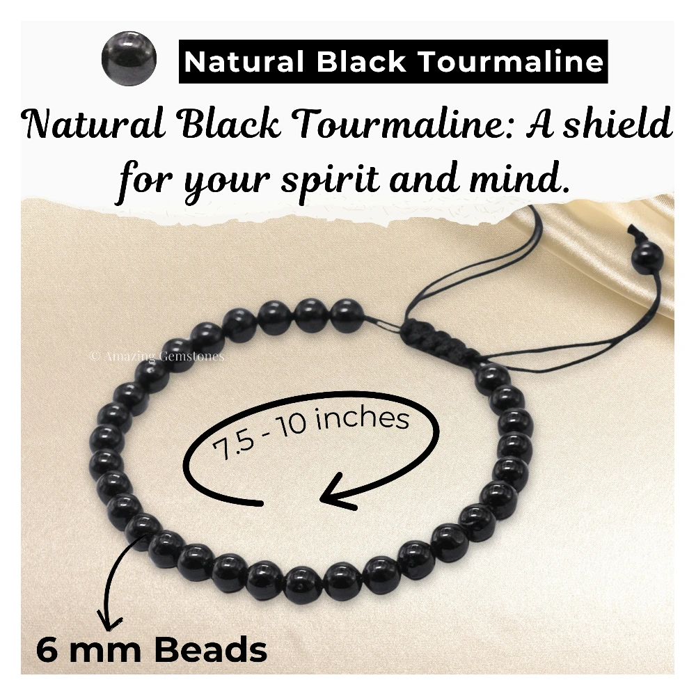 Black Tourmaline Healing Crystal Bracelets - 6mm Beads (Adjustable)