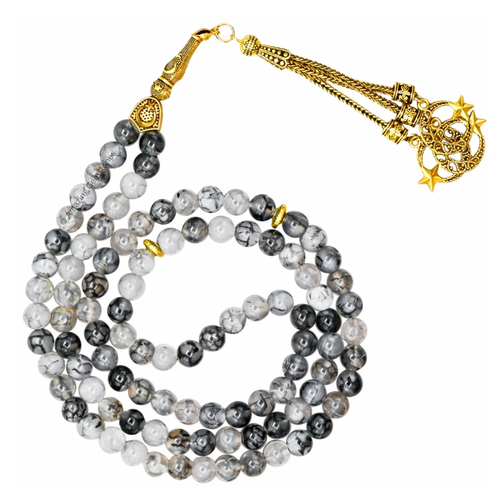 Dragon Vein Agate Crystal Tasbeeh Sibha Prayer Beads (Gold)