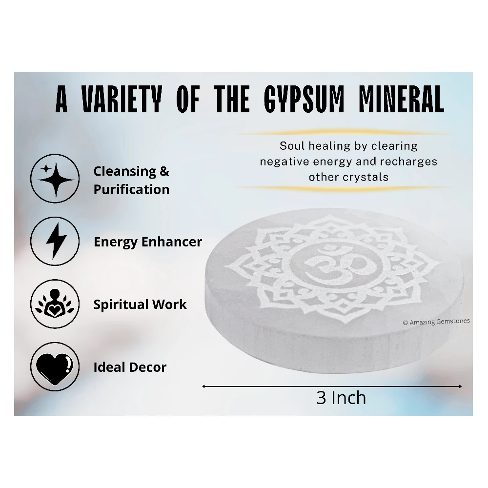 Selenite Charging Plate for Crystals - Om FOL (3 Inch)