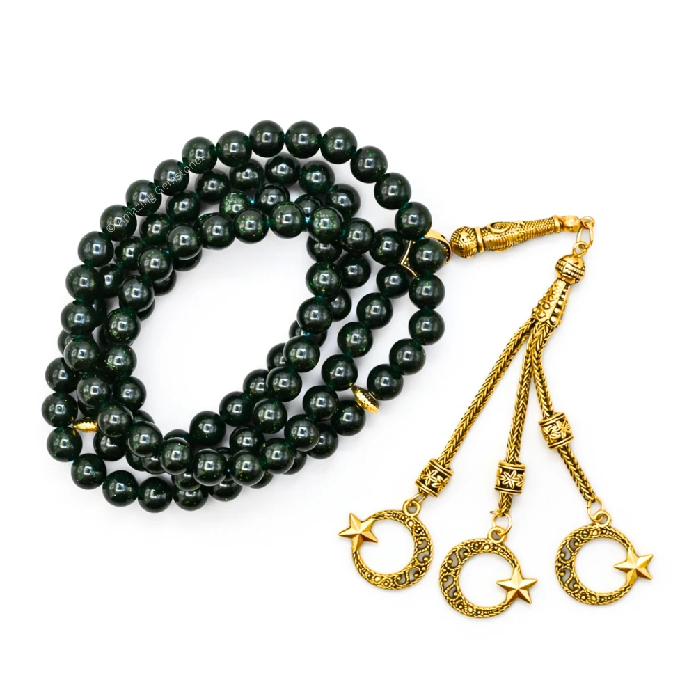 Green Goldstone Crystal Tasbeeh Sibha Prayer Beads (Gold)