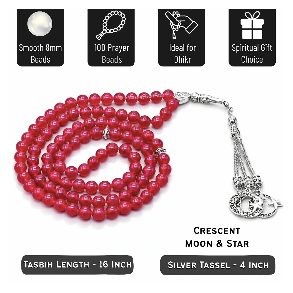 Ruby Jade (Dye) Crystal Tasbeeh Sibha Prayer Beads (Silver)