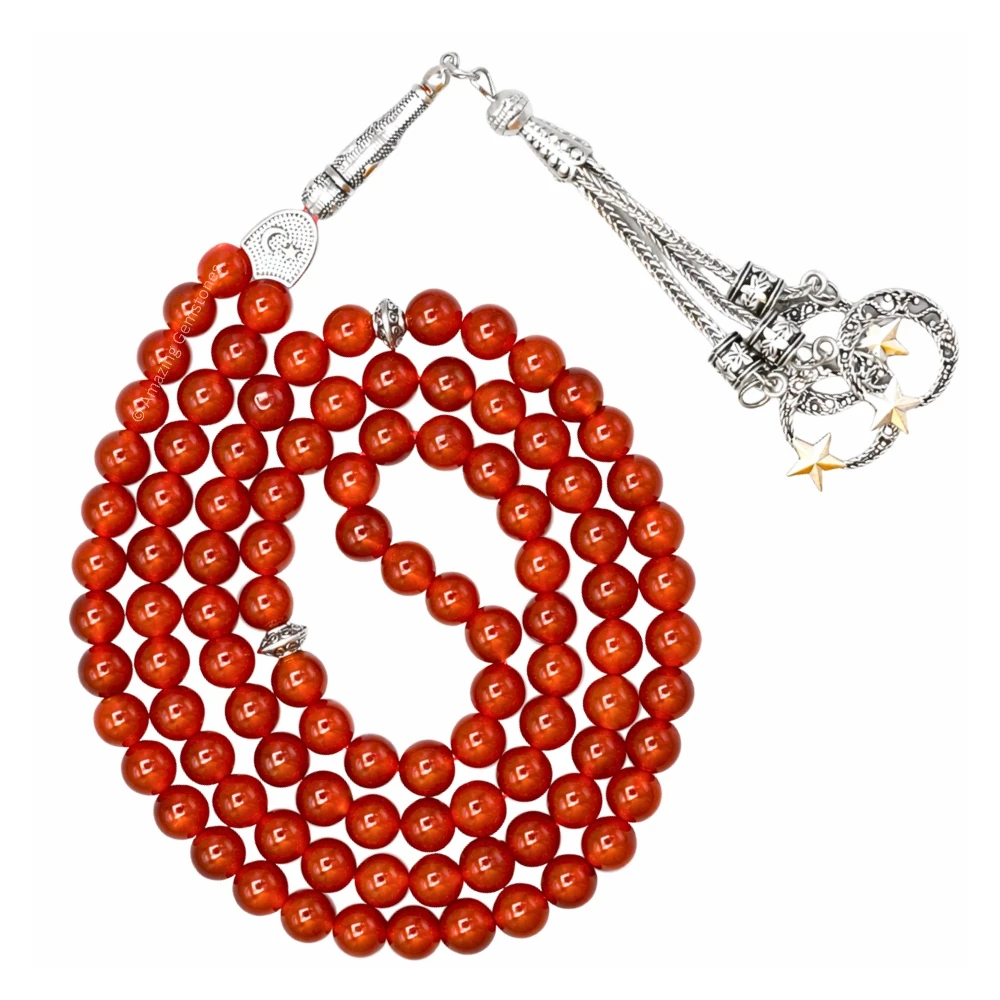 Red Onyx Crystal Tasbeeh Sibha Prayer Beads (Silver)