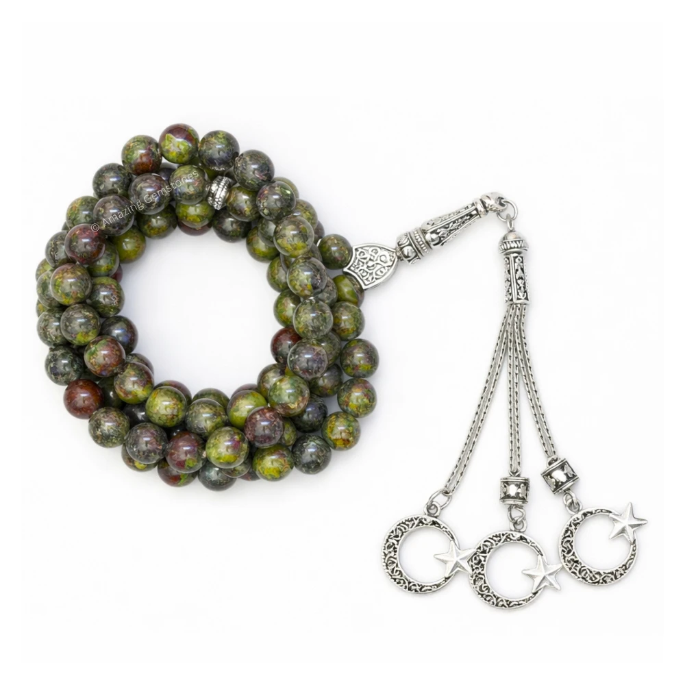 Dragon Bloodstone Crystal Tasbeeh Sibha Prayer Beads (Silver)
