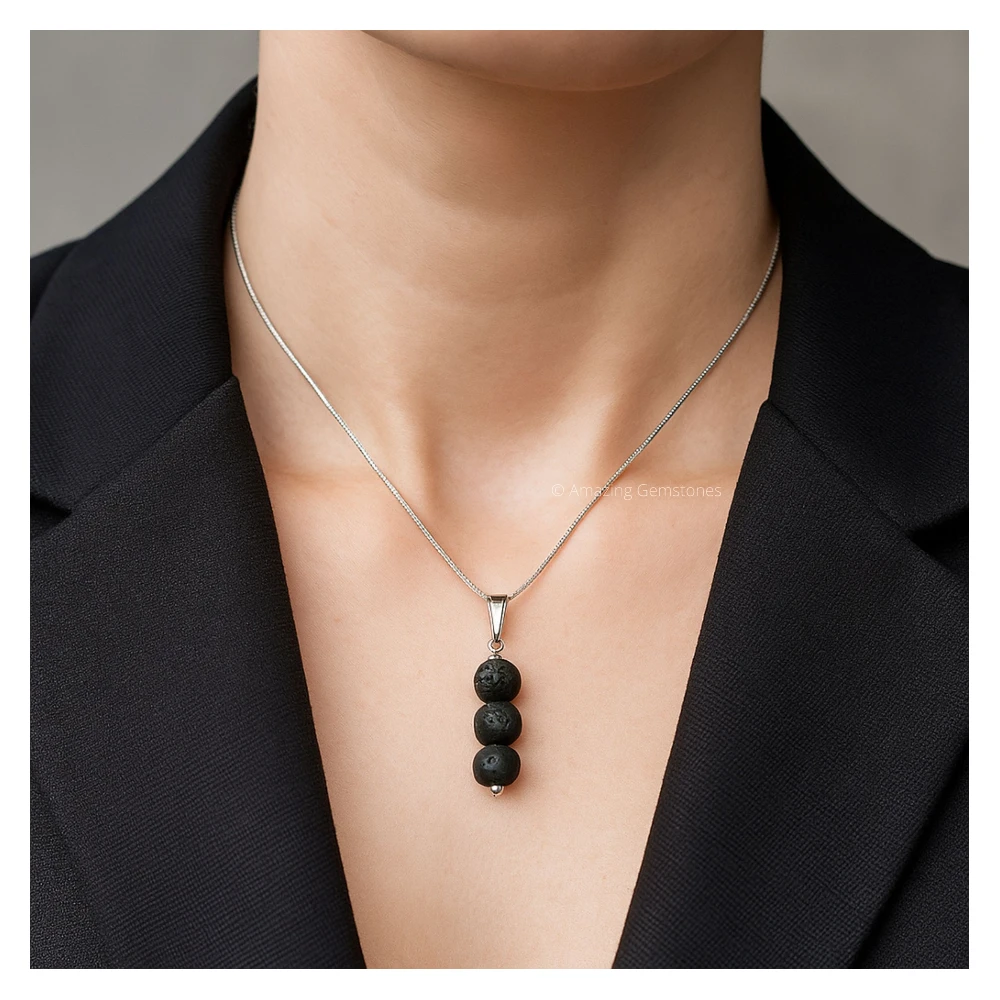 Lava Stone Bead Pendant (Silver)