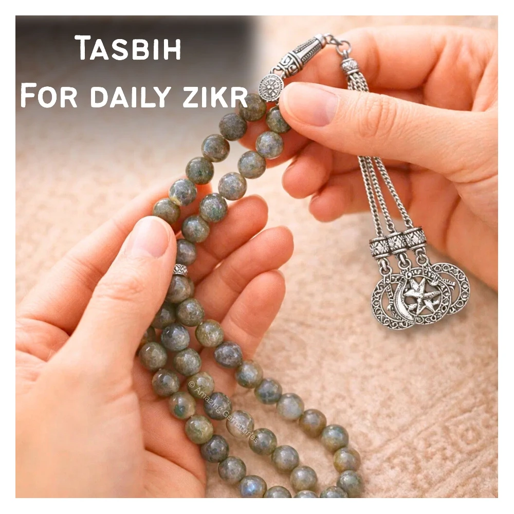 Labradorite Crystal Tasbeeh Sibha Prayer Beads (Silver)