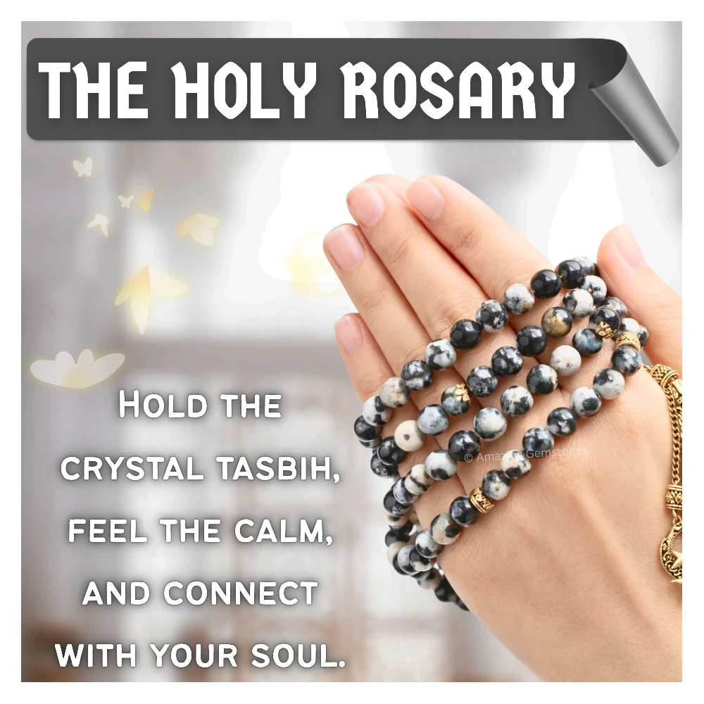 Black and White Jasper Crystal Tasbeeh Sibha Prayer Beads (Gold)
