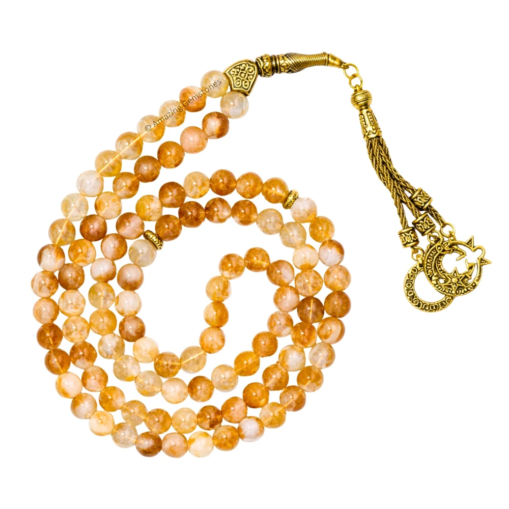 Natural Citrine Crystal Tasbeeh Sibha Prayer Beads (Gold)